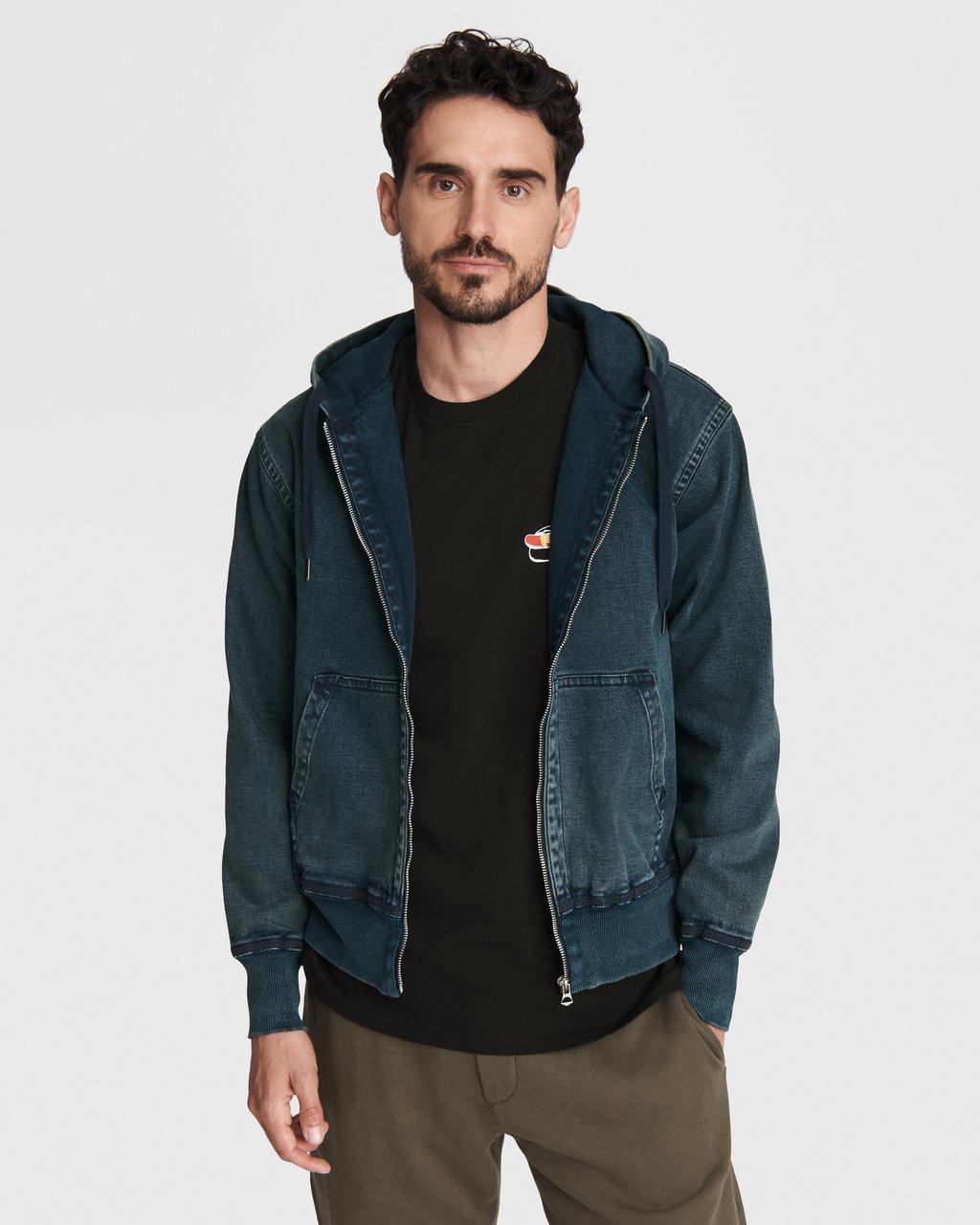 Man wearing Rag and Bone Damon Zip Loopback Denim Hoodie