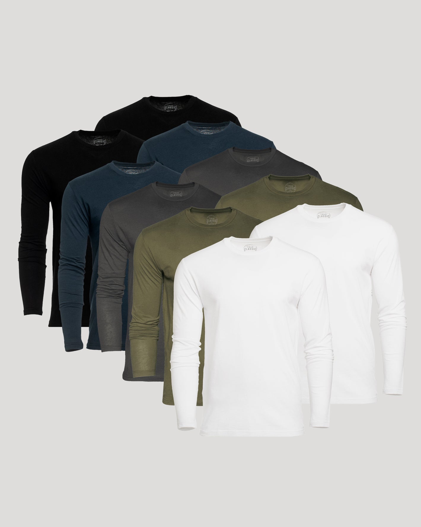 Staple Classic Long Sleeve Crew Neck 10-Pack neatly displayed in rows.