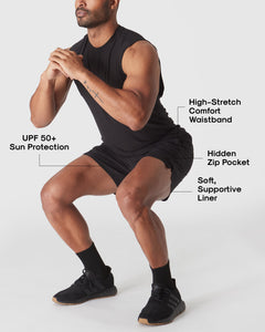 True ClassicMan squatting in Black 2 In 1 Training Short, highlighting features.