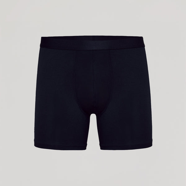 Black Boxer Briefs with supportive flyless 3D pouch, ultra-soft fabric.