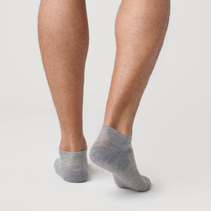 True ClassicHeather Gray Ankle Socks 6-Pack on feet, showcasing seamless heel fit.