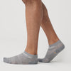 Heather Gray Ankle Socks 3-Pack on feet, showcasing seamless toe design.