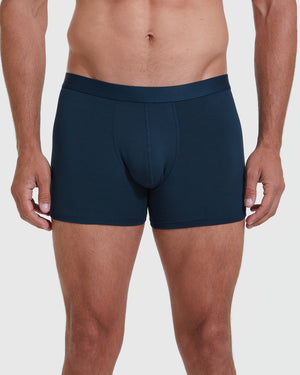 Man wearing Navy Boxer Trunk with supportive 3D pouch and soft waistband.