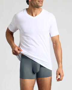 True ClassicMan wearing Carbon Boxer Trunks, showcasing flyless 3D pouch.