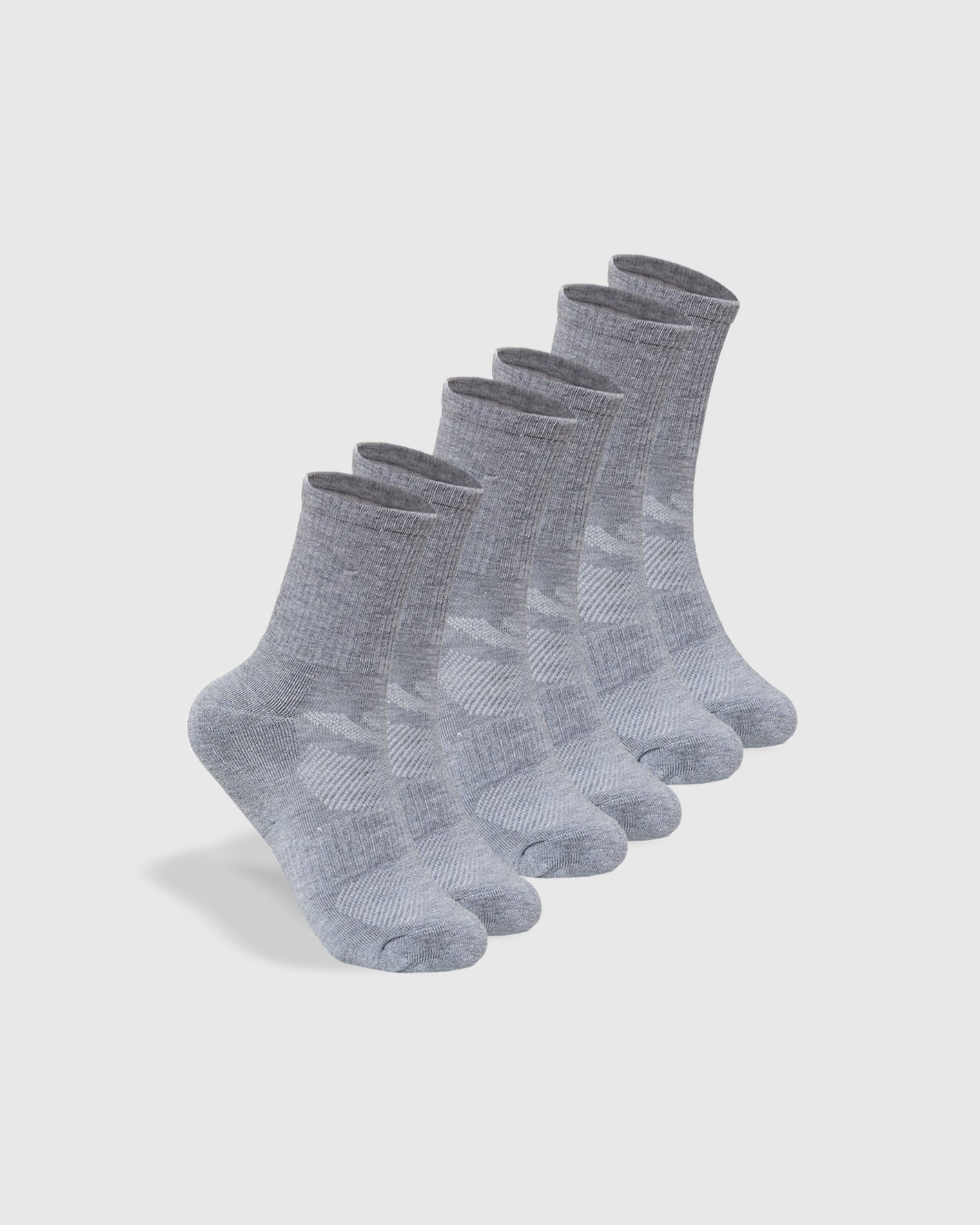 Heather Gray Half Crew Socks 3-Pack, mid-calf, reinforced and textured.