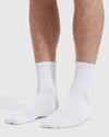 White Half Crew Socks 6-Pack on feet, showcasing seamless toe and contour seam.