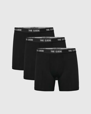 Black Logo Boxer Briefs 3-Pack with TRUE CLASSIC waistband displayed.