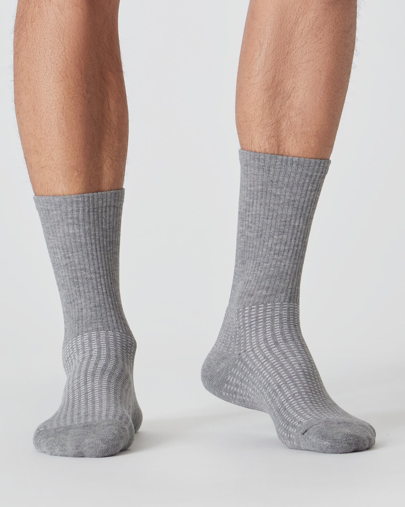 Heather Gray Active Crew Socks, mid-calf, ribbed texture, dotted pattern.