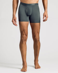 True ClassicCarbon Boxer Briefs W/ Fly 12-Pack on a model, showcasing fit and design.