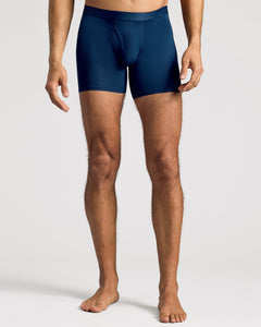 True ClassicNavy Boxer Briefs W/ Fly worn by male model, showcasing fit.