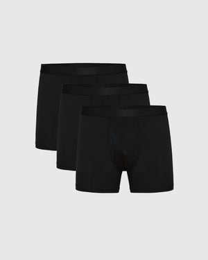 Black Boxer Trunks W/ Fly 3-Pack on light gray background.