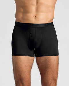 True ClassicBlack Boxer Trunks W/ Fly 6-Pack on model's midsection, showcasing relaxed fit.
