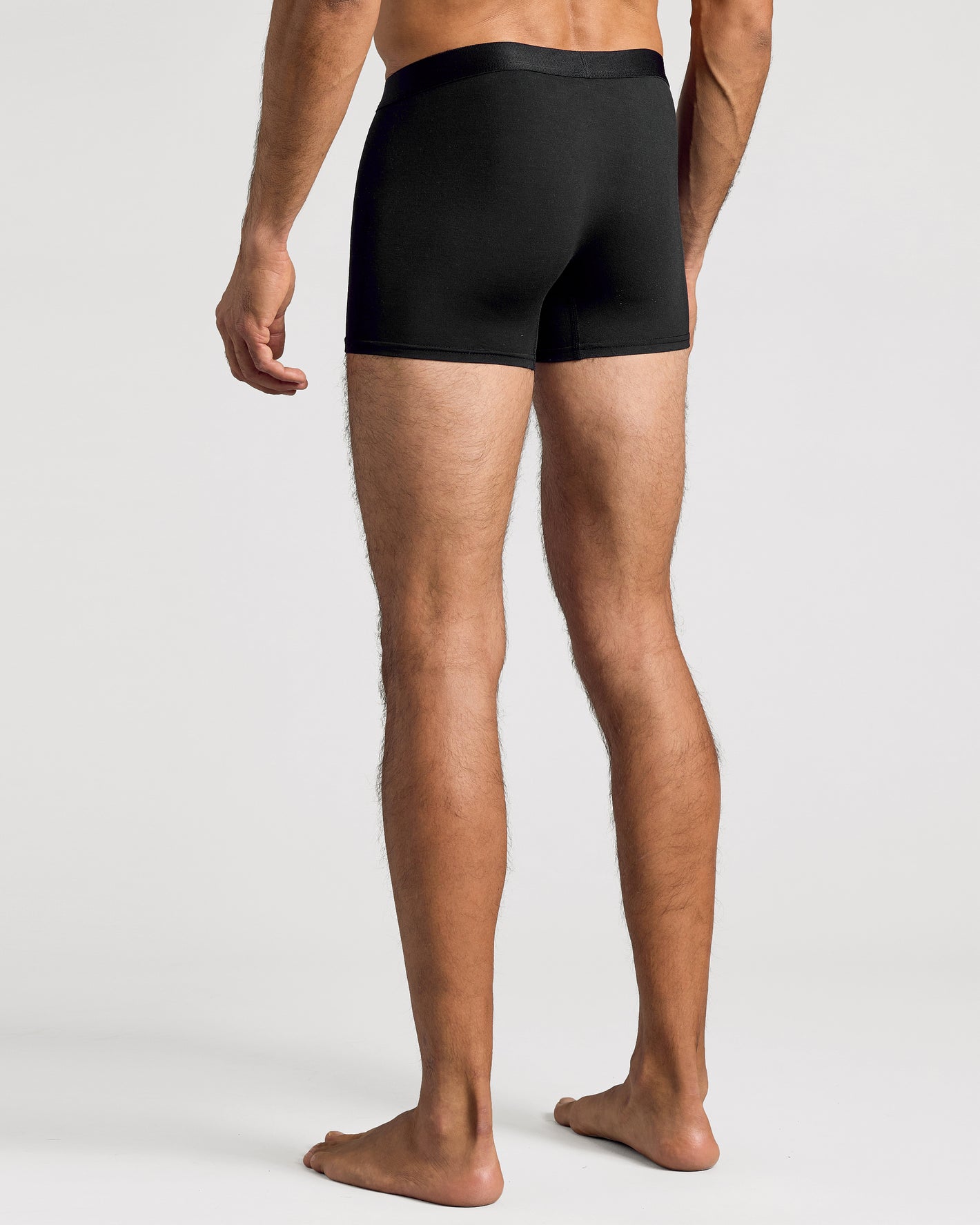 Black Boxer Trunks W/ Fly 6-Pack, rear view, mid-thigh length, relaxed fit.
