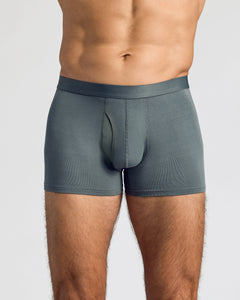 True ClassicCarbon Boxer Trunks W/ Fly 3-Pack in muted grey-green, showcasing relaxed fit.