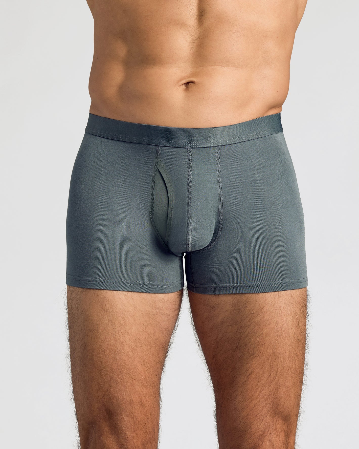Carbon Boxer Trunks W/ Fly 3-Pack in muted grey-green, showcasing relaxed fit.