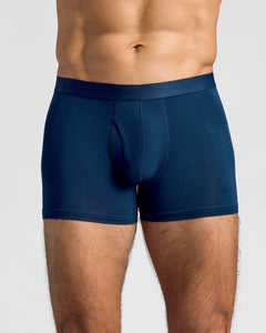 True ClassicNavy Boxer Trunks W/ Fly 12-Pack modeled, showcasing relaxed fit and comfort.