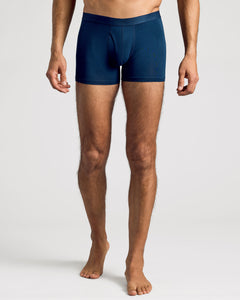 True ClassicNavy Boxer Trunks W/ Fly 6-Pack on model mid-torso to feet.