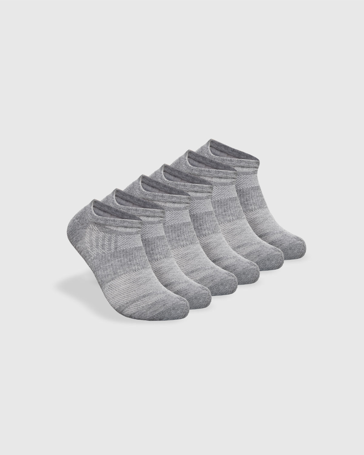 Heather Gray No Show Socks 3 Pack 2 0 arranged neatly.
