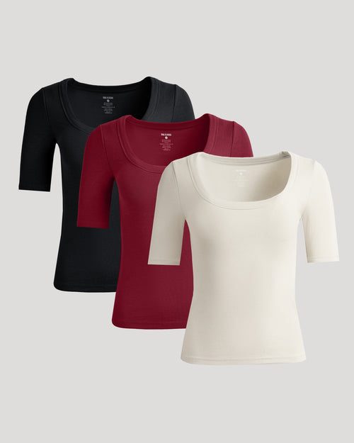 Womens Ribbed 3/4 Sleeve Scoop Neck Tee 3-Pack arranged overlapping.