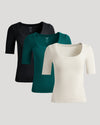 Womens Ribbed 3/4 Sleeve Scoop Neck Tee 3-Pack stacked display.