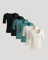 Women's Ribbed 3/4 Sleeve Scoop Neck Tee 6-Pack, arranged in black, teal, cream.