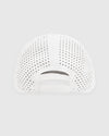 White All Purpose Logo Cap, back view, perforated crown, snapback closure.