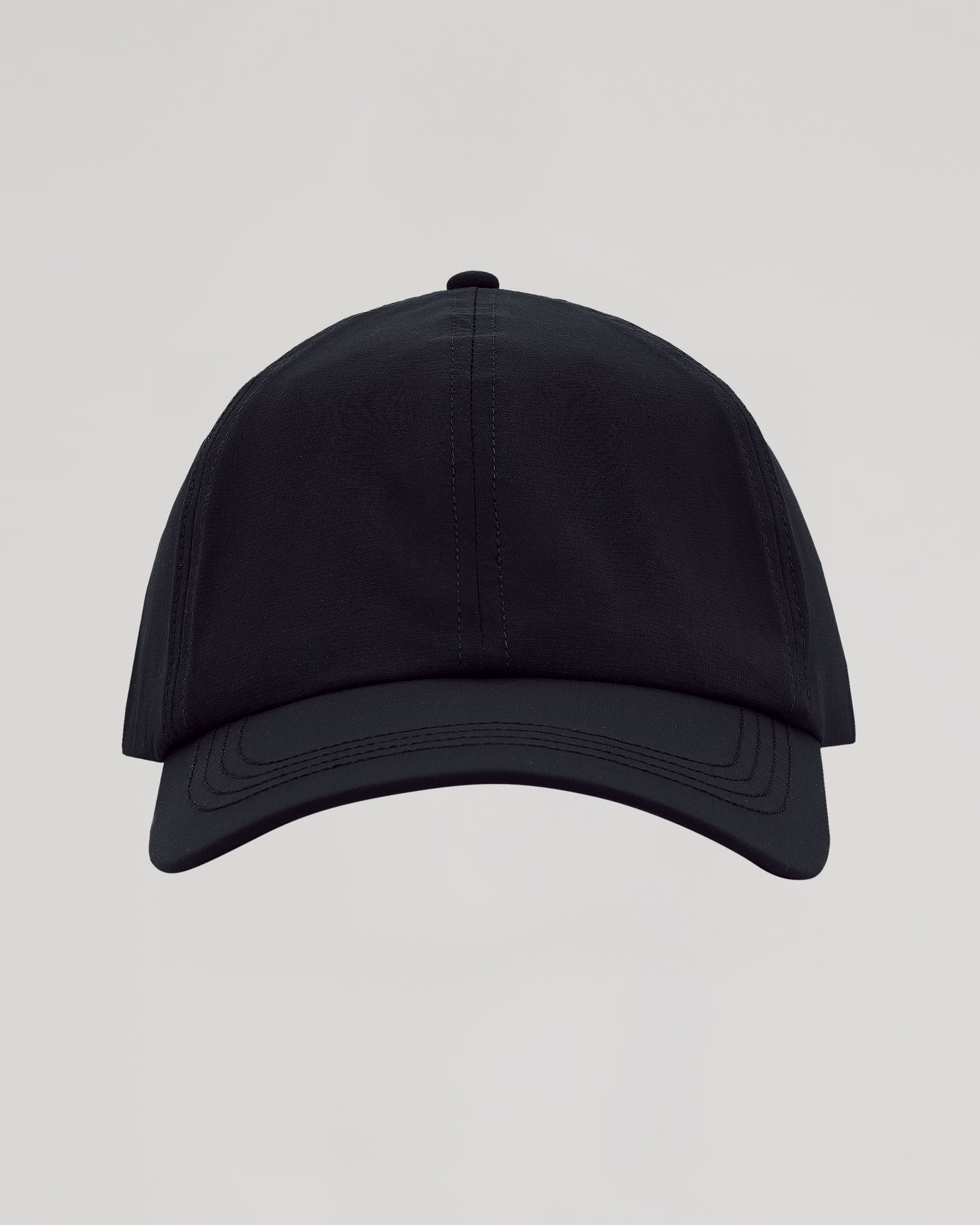 Black Active Running Cap with curved brim, six-panel design against light-gray background.
