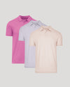 Limited Short Sleeve Classic Polo 3-Pack, overlapping in pink, lilac, peach.