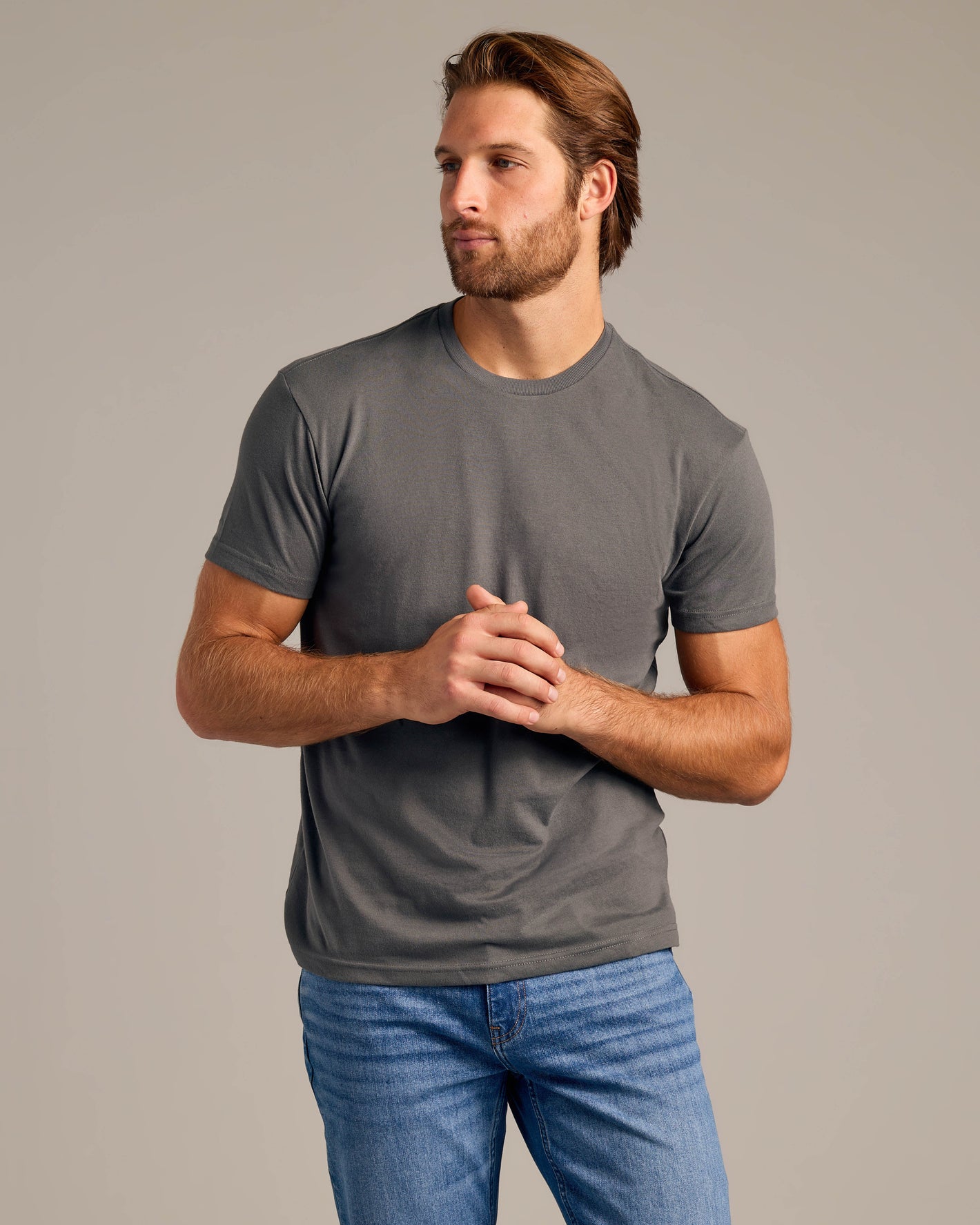 Young man wearing Charcoal Heather Gray T-Shirt from Short Sleeve Variety 9-Pack.