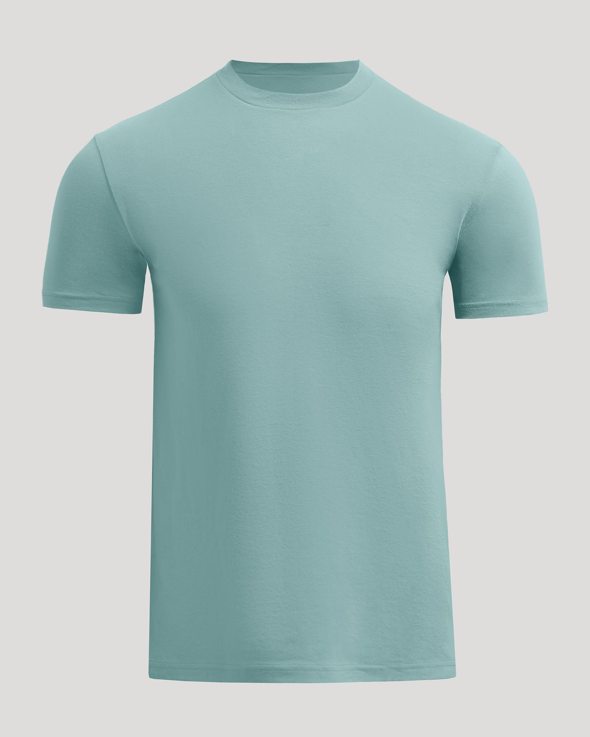 A light blue-green crewneck short-sleeve t-shirt displayed on a neutral gray background.