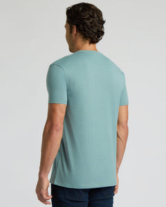True ClassicA man viewed from the back wearing a light blue-green crewneck t-shirt and dark blue jeans, standing against a plain light gray studio background.