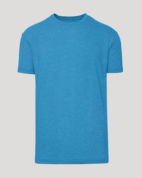 Dark Heather Bahama Blue Classic Crew Neck T-shirt against a neutral background.
