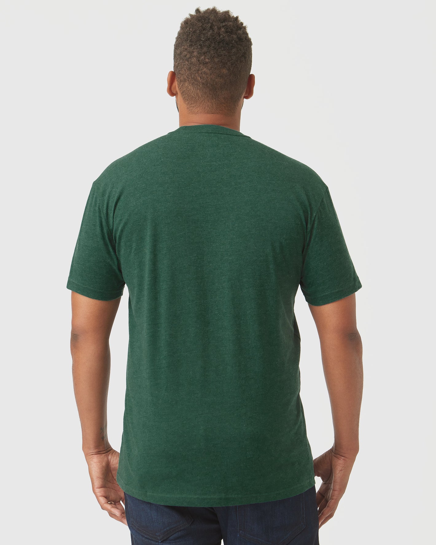 Evergreen Heather Classic Crew Neck in forest-green, shown from the back.