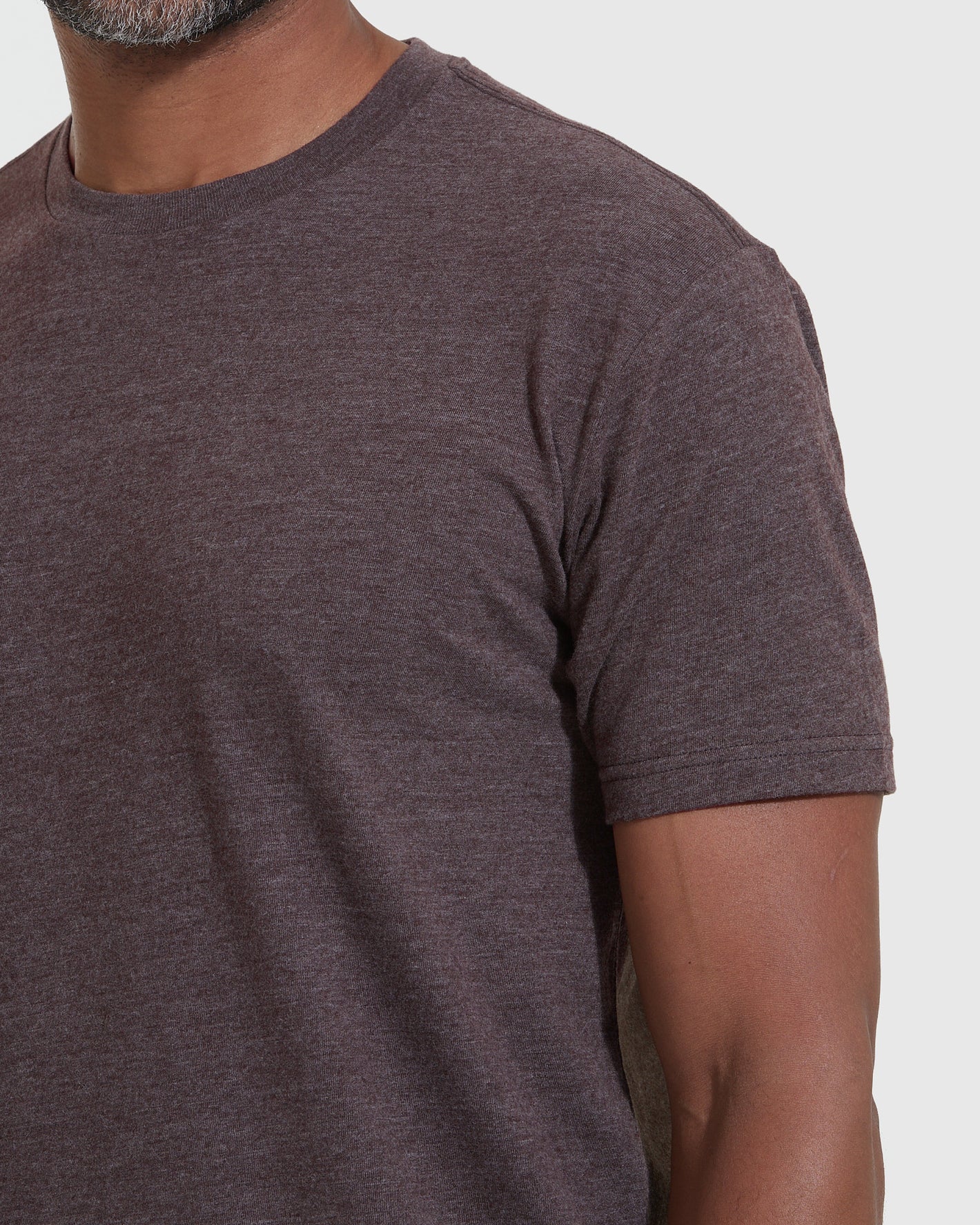 Heather Dark Oak Crew Neck T Shirt on model's upper torso.