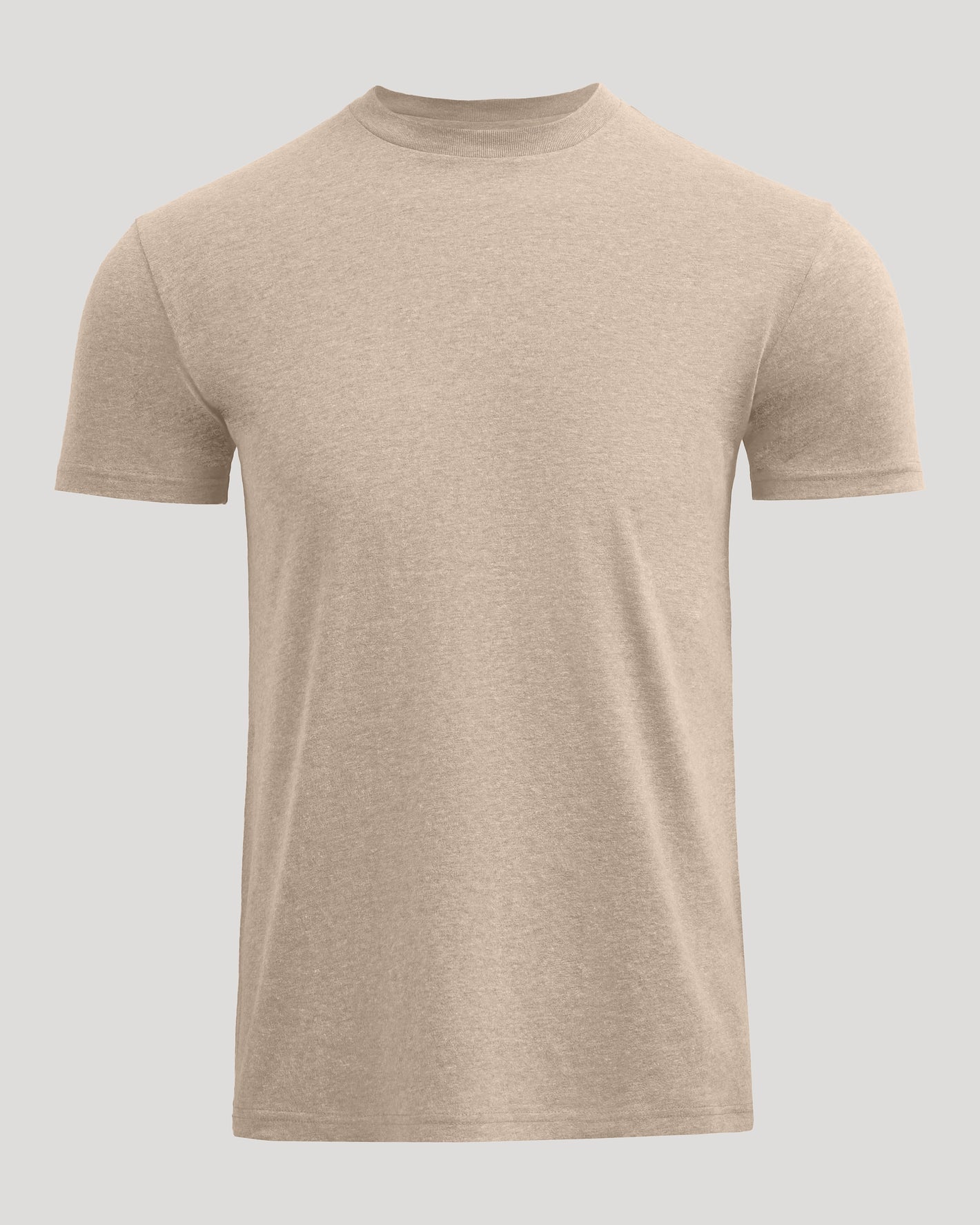 Heather Fennel Classic Crew Neck T-shirt against a gray background.