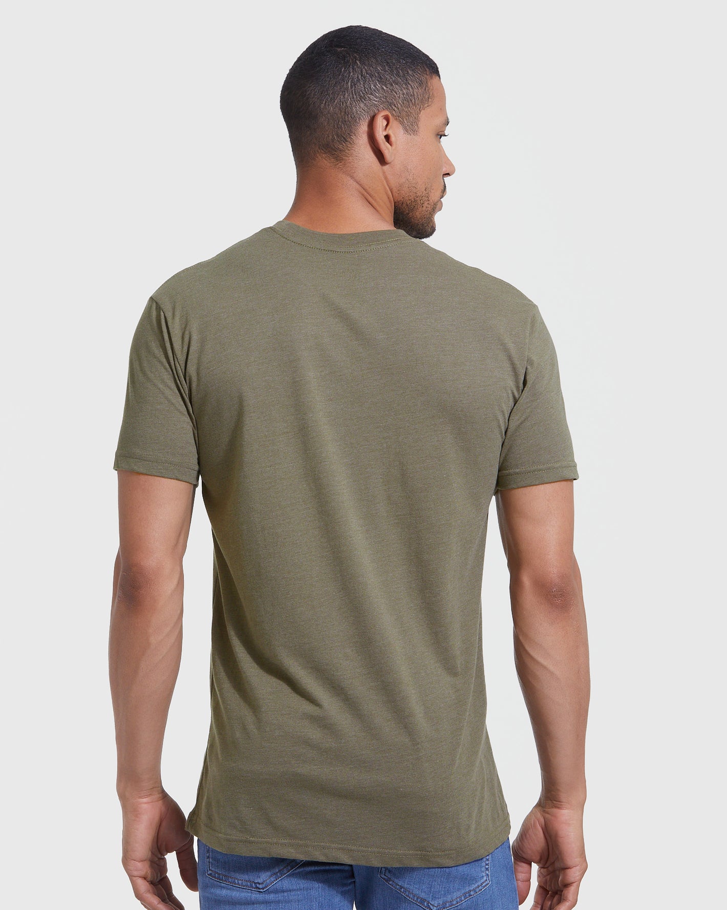 Heather Military Green Classic Crew Neck on man, back view.