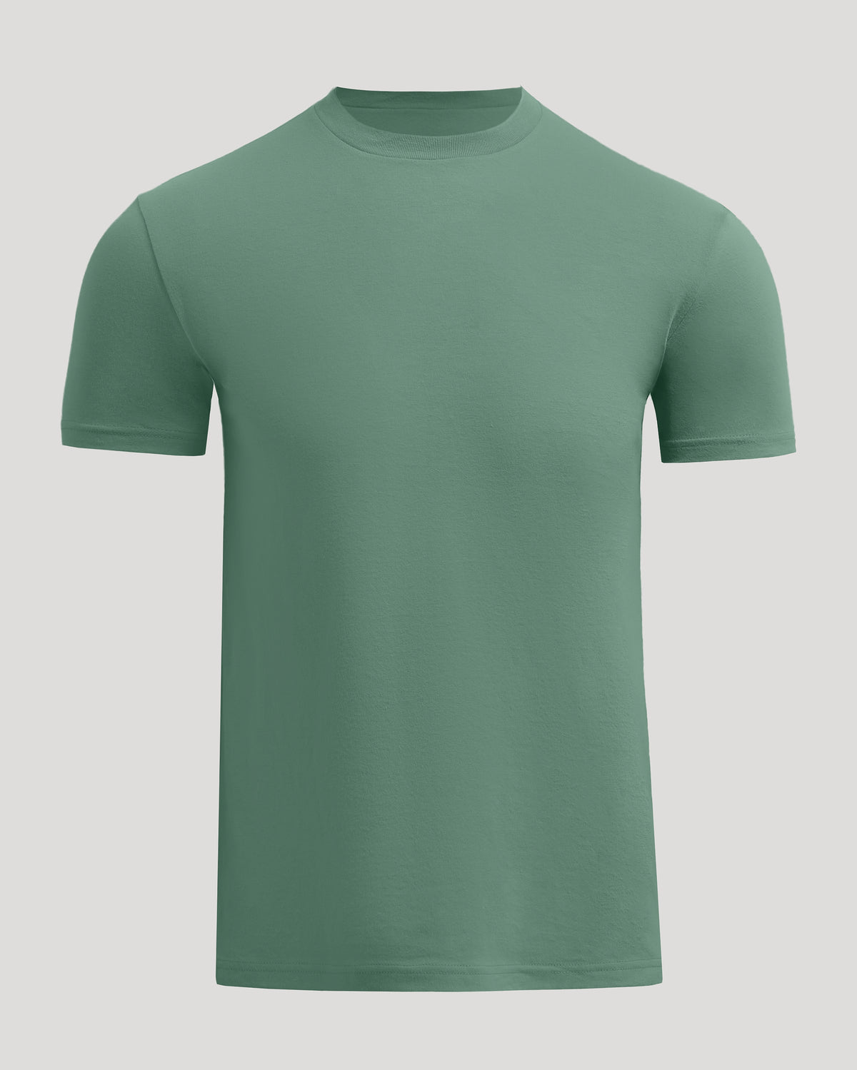 A solid sage green short-sleeve crewneck t-shirt displayed on a neutral light gray background.