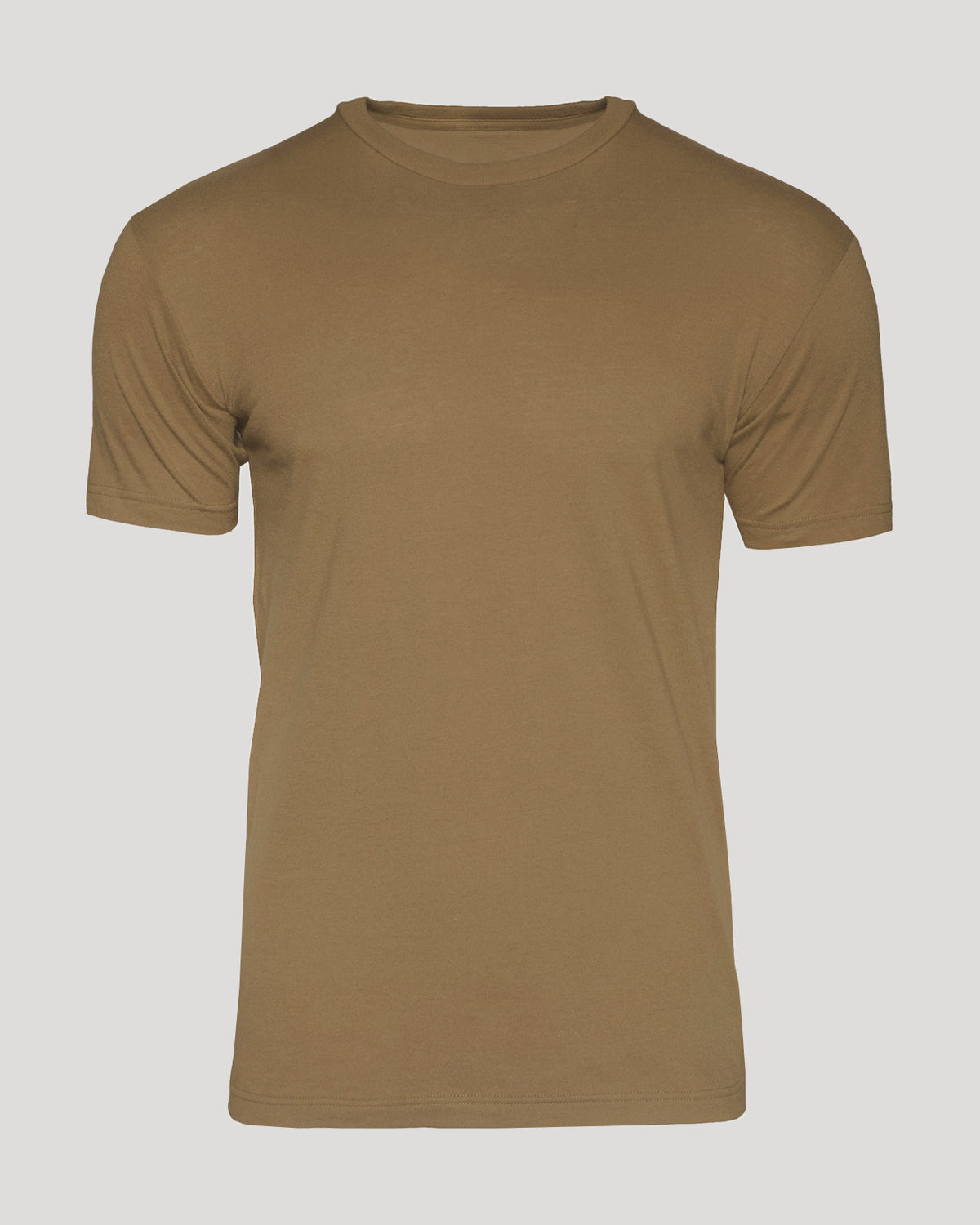 A plain short-sleeve crewneck t-shirt in a solid tan/khaki color, displayed on a neutral light gray background.