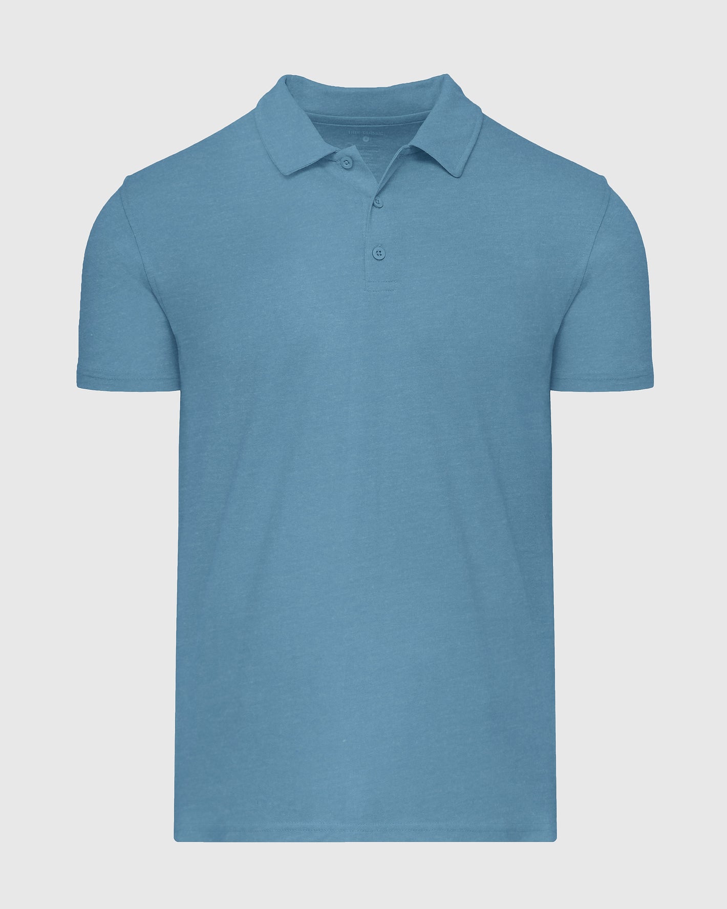 Blue Lake Heather Classic Polo with classic collar and three-button placket.