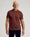 Man wearing Dark Chocolate Short Sleeve Polo with button placket.