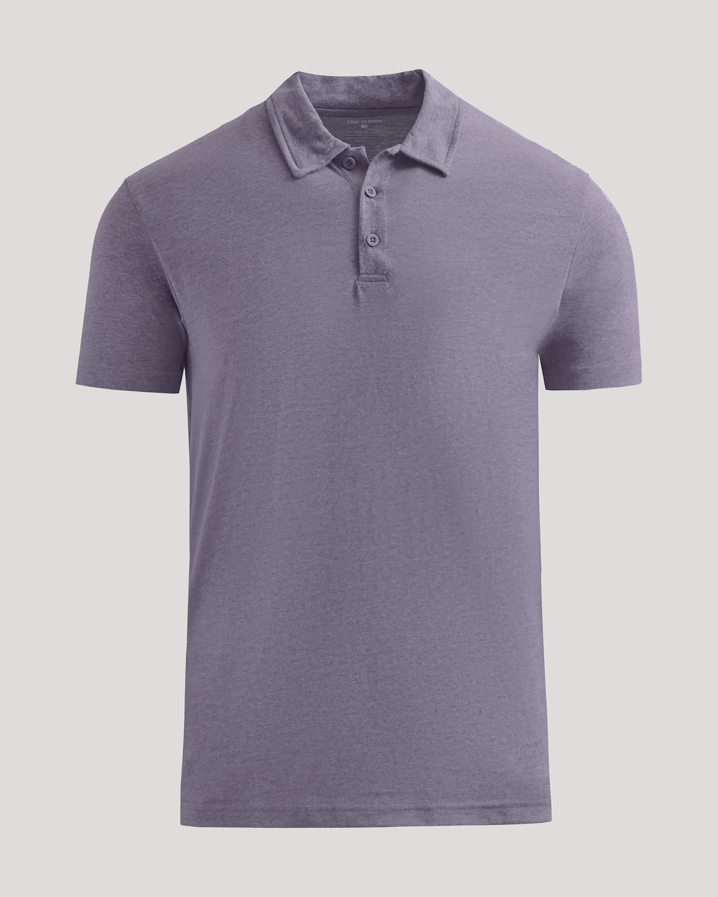 Dark Heather Amethyst Short Sleeve Polo with three-button placket and classic collar.