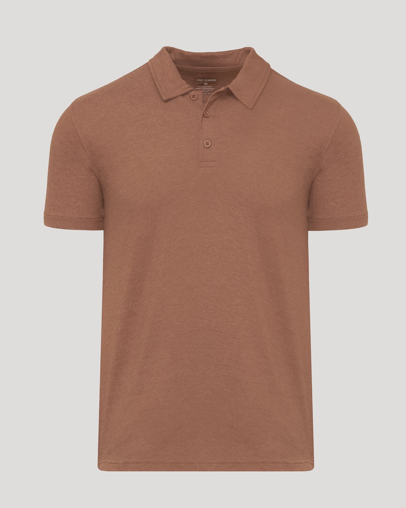 Dark Heather Sepia Classic Polo with short sleeves and two-button placket.
