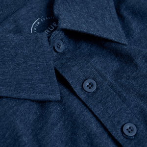 True ClassicHeather Navy Classic Polo close-up, highlighting collar and top buttons.