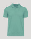 Light Heather Greenery Classic Polo, teal, short-sleeved, fold-over collar, laid flat.