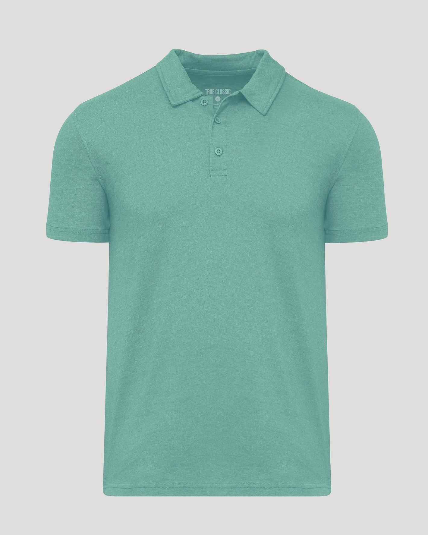 Light Heather Greenery Classic Polo, teal, short-sleeved, fold-over collar, laid flat.