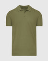 Olive Green Heather Polo with short sleeves and three-button placket.