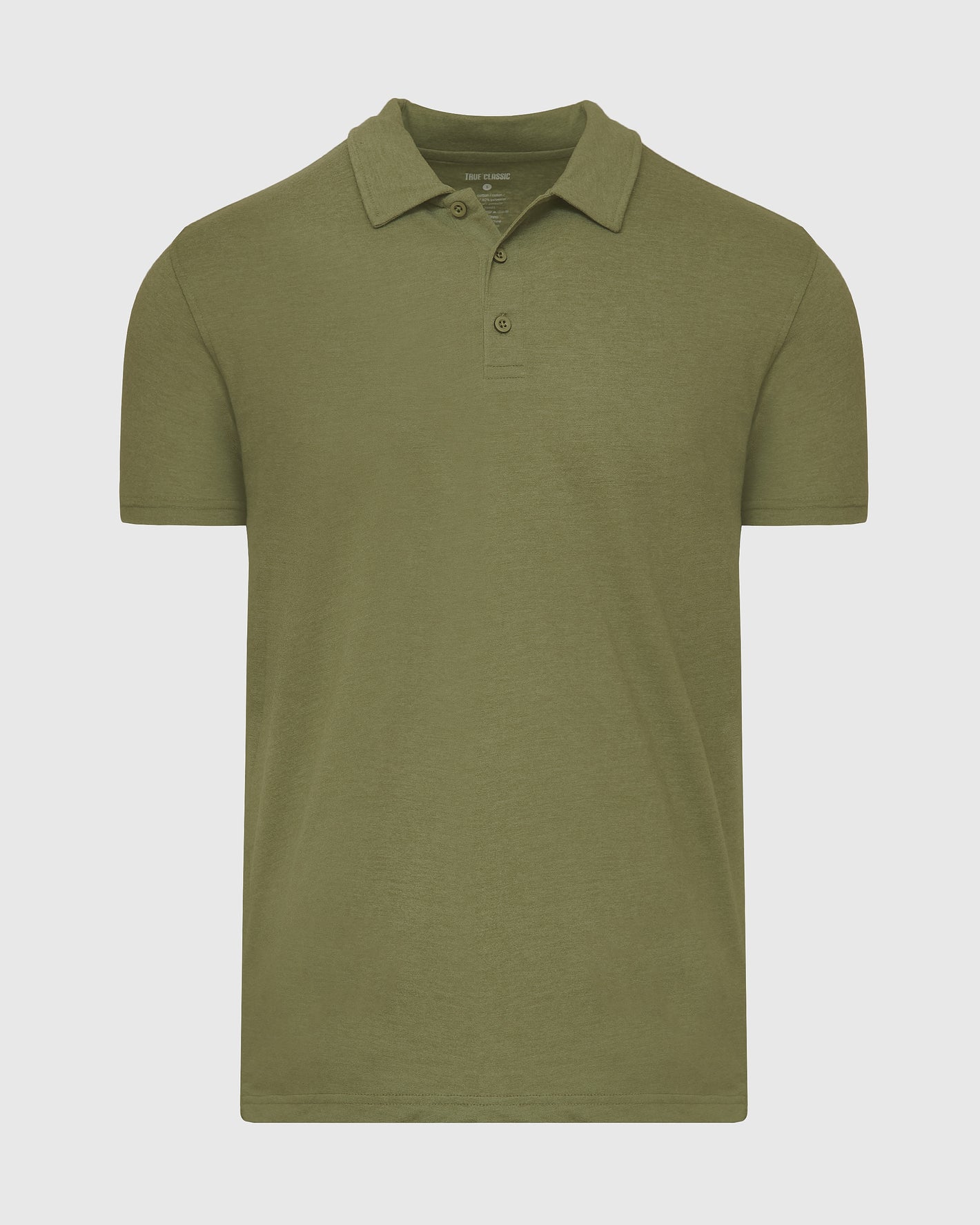 Olive Green Heather Polo with short sleeves and three-button placket.
