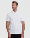 Male model in White Classic Polo 3-Pack, short-sleeve, three-button placket.