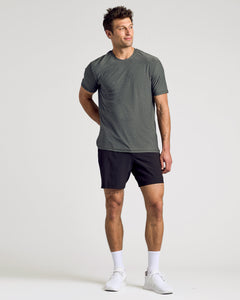 True ClassicYoung man in Active Crew 6-Pack, charcoal-gray tee, black shorts.