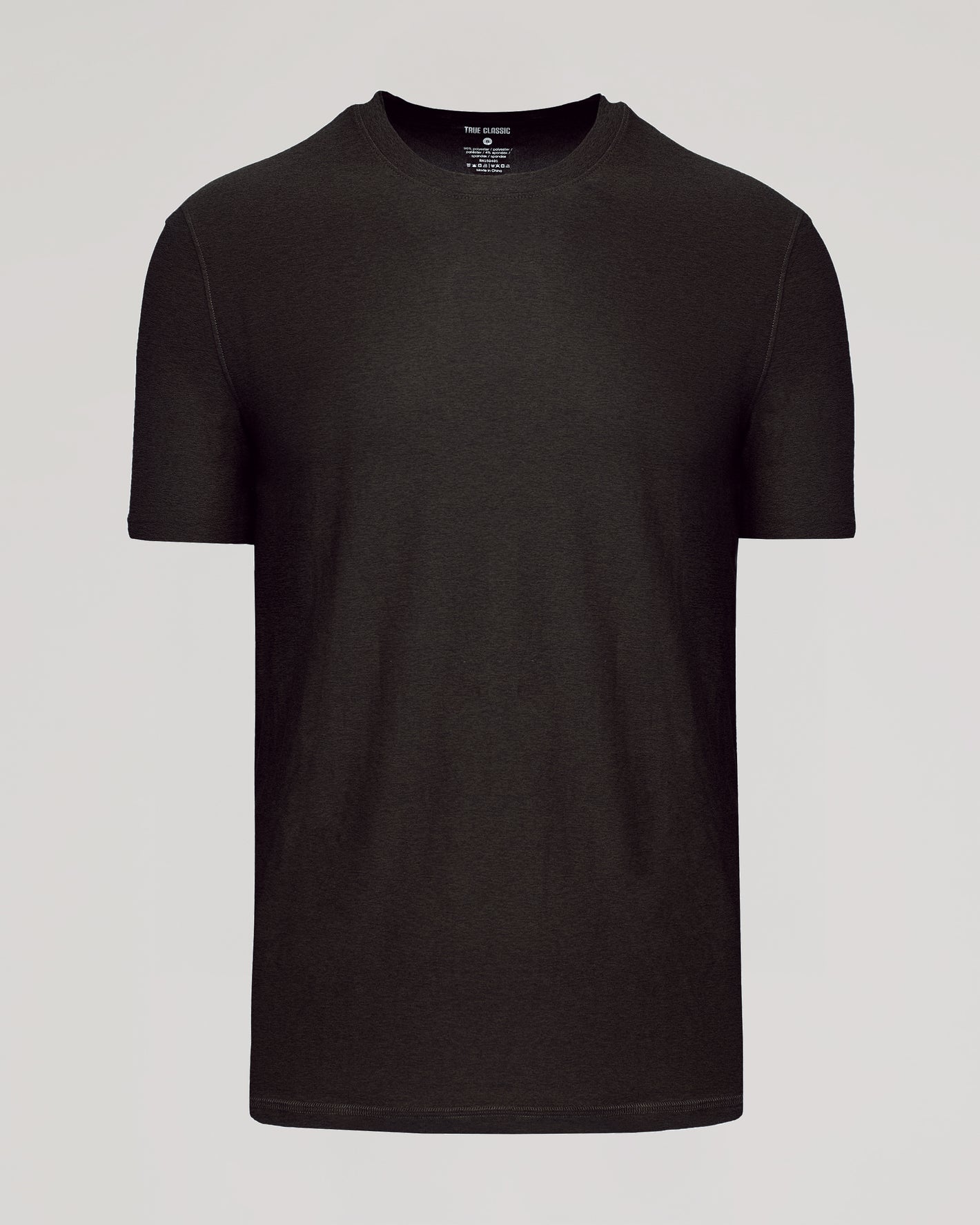 Dark Heather Cocoa Active Crew Neck Tee, plain black, short-sleeve, classic cut.